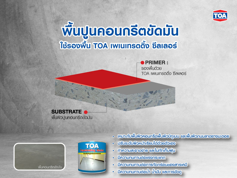 การใช้รองพื้นทีโอเอ เพเนเทรตติ้ง ซีลเลอร์ (TOA Penetrating Sealer) เพื่อทำพื้นอีพ็อกซี่ สำหรับปูนที่เป็นแบบขัดมัน