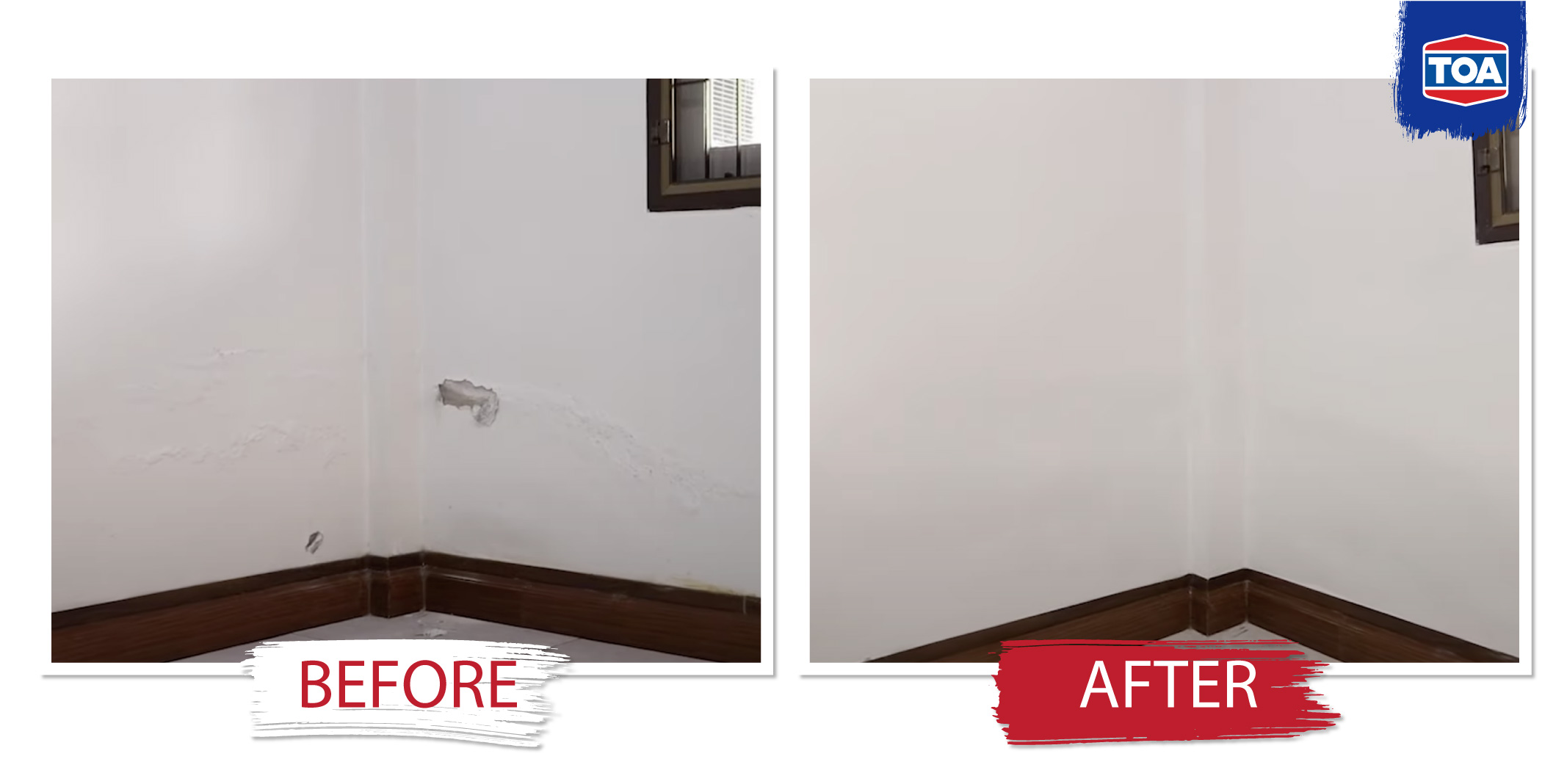 ภาพ Before After การรีโนเวทบ้านในส่วนของห้องโถง-ห้องนั่งเล่นที่ผนังโป่งพอง โดย TOA