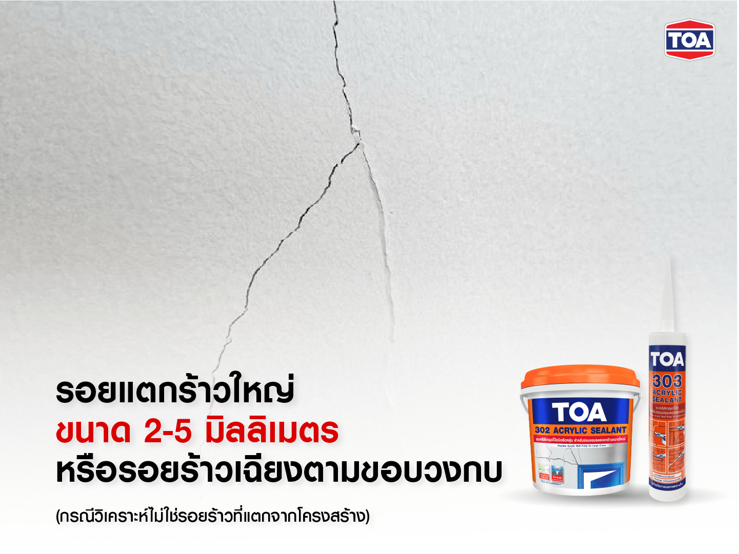 ภาพแสดงรอยแตกร้าวขนาดใหญ่ 2&ndash;5 มิลลิเมตร หรือรอยร้าวเฉียงที่เกิดตามขอบวงกบ บนผนังปูนฉาบ โดยไม่มีสัญญาณความเสียหายต่อโครงสร้างหลัก พร้อมข้อความแนะนำการใช้ผลิตภัณฑ์ TOA 303 Acrylic Sealant (แบบหลอด) และ TOA 302 Acrylic Sealant (แบบถัง) สำหรับการอุดรอยร้าวที่ต้องการความยืดหยุ่นสูงและทาสีทับได้