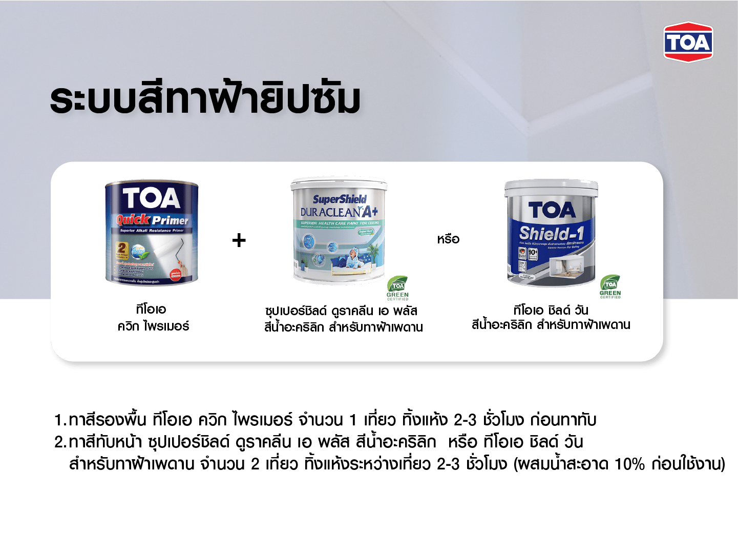 ระบบสีทาฝ้ายิปซัมจาก TOA ใช้ร่วมกับไพรเมอร์และสีทับหน้าสำหรับฝ้าโดยเฉพาะ ให้ผิวเนียนเรียบ ทนทาน ไม่เหลือง ไม่หลุดร่อน เหมาะสำหรับฝ้าเพดานในบ้านทุกประเภท