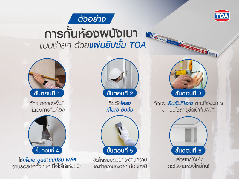 ตัวอย่างการกั้นห้องผนังเบาแบบง่ายๆ ด้วยแผ่นยิปซั่ม TOA